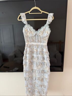 V. Chapman Light Blue Lace & Ruffle Midi Dress